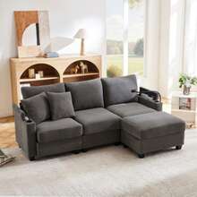 L-Förmiges Ecksofa, Umwandelbares 3-Sitzer-Sofa Mit Fußhocker, Getränkehalter, USB-Ladegerät, Armlehnenablage Und 2 Kissen, Geeignet Für Wohnzimmer/Büro/Wohnung, Dark Gray - Dark Gray - View 2