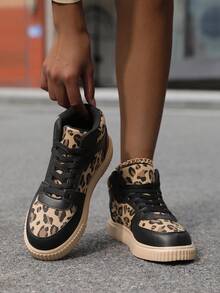 Women's Leopard Print High-Top Casual Sneakers | With Cushioned Insole, Breathable Mesh PU Upper And Round Toe - Suitable For Casual, Sports, Athleisure Wear - Leopard Spot Print Gift Shoes, Women's Athletic Shoes, Training/Workout Shoes - Black - View 6