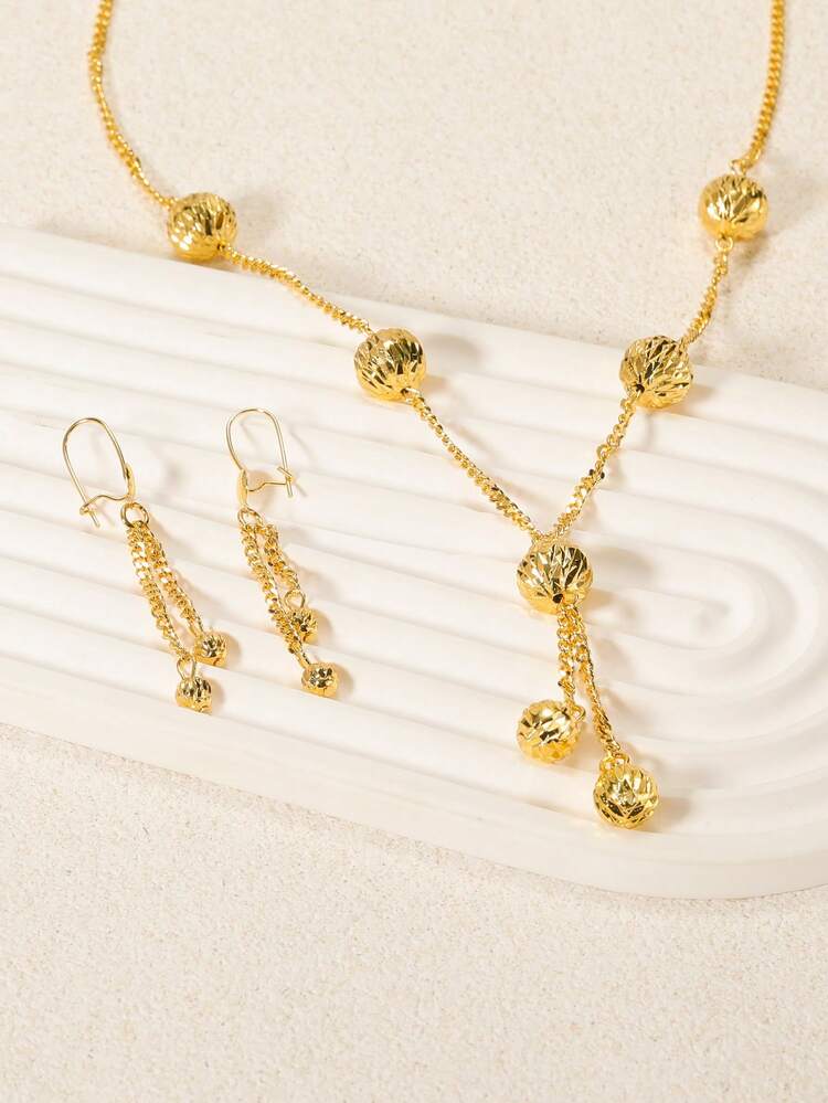 3pcs/Set Minimalist Tassel Pendant Necklace & Earrings Set, Copper Material, Luxury Party & Wedding Dress Accessories For Women - Yellow Gold - View 4