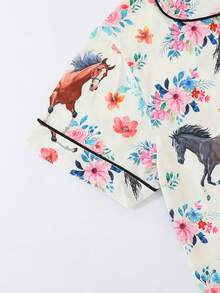 3 piezas Conjunto de pijama de mujer, manga corta, pantalones cortos y pantalones, pijama casual con solapa y botones, patrón de pareja de animales de dibujos animados de caballos, cómodo y holgado, adecuado para todas las estaciones, ropa de casa, regalo del Día de San Valentín - Blanco - Ver 6