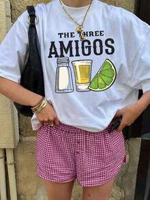 Tween Girls Students Casual Printed White Round Neck Short Sleeve T-Shirt, Summer Top - White - View 1