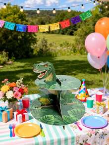 3-Tier Dinosaur Theme Disposable Cake Stand, Dinosaur Egg Cake Stand, Tyrannosaurus Rex Cake Stand, Paper Cake Tray, Cupcake Stand, Suitable For Halloween, Birthday Party, Family Gathering, Christmas, Jurassic Theme Party, Non-Food Contact - Multicolor - View 12