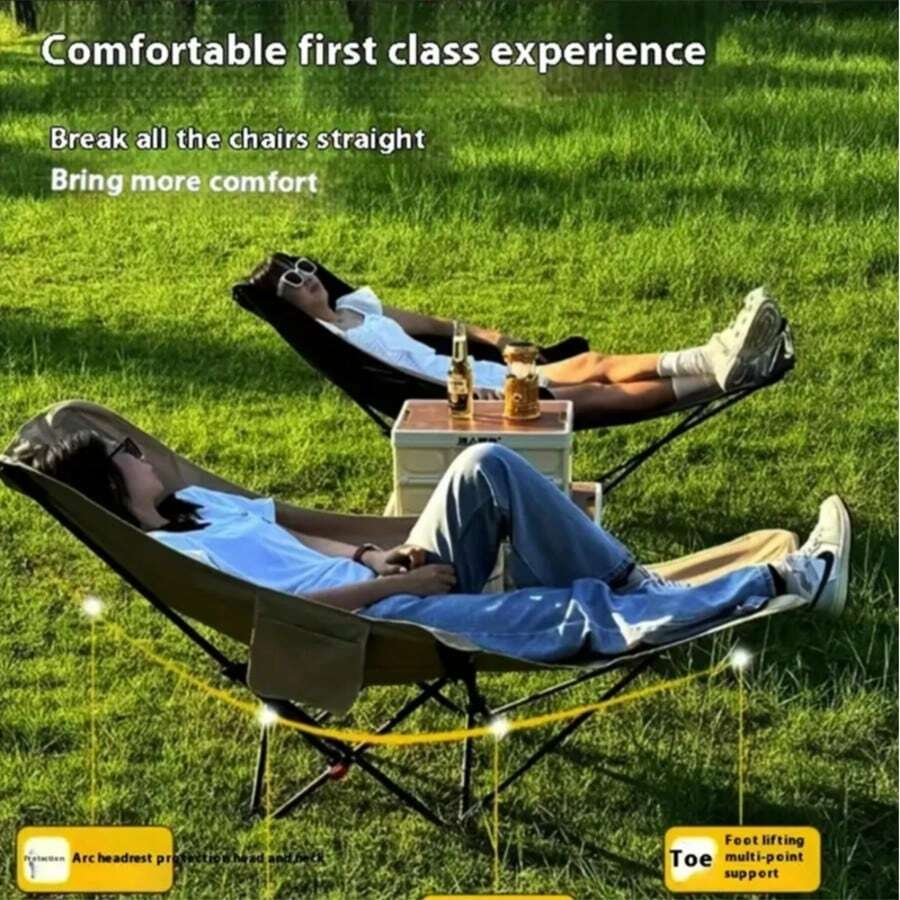 3-Position Adjustable Outdoor Folding Chair - Portable Camping & Beach Lounge Chair With 3-Level Reclining Positions, Lightweight Foldable Design, Ergonomic Armrests & Leg Rests For Backyard, Picnic, Travel - Beige/Green/Black, Lounge Chair Outdoor - 黑色 - 查看 1