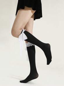 1双洛丽塔风格薄蕾丝蝴蝶结腿套，可爱日式白色丝带饰边修身过膝袜，春夏款 - 黑色 - 查看 1