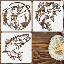 3个20厘米 x 20厘米可重复使用的鱼形模板 - DIY工艺品、墙面艺术、布料、木材、陶瓷绘画模板 - 海洋主题设计，适合艺术家和手工艺者 - 彩色 - 查看 1