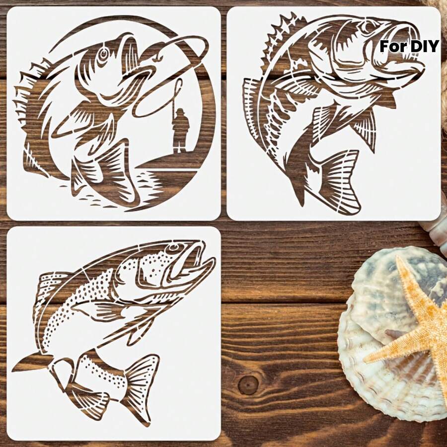 3个20厘米 x 20厘米可重复使用的鱼形模板 - DIY工艺品、墙面艺术、布料、木材、陶瓷绘画模板 - 海洋主题设计，适合艺术家和手工艺者 - 彩色 - 查看 1