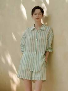 Women's Casual Elegant Asymmetrical Green Striped Shirt And Shorts Set, Fashion Loungewear Spring - Green - View 3