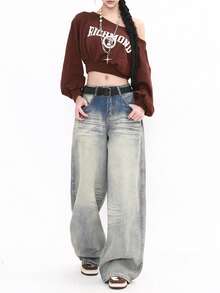 Vintage Washed Cat Whisker Low Waist Wide Leg Jeans Spring Casual - Blue - View 3
