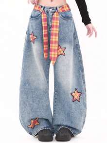 Quần jeans ống rộng rách họa tiết ngôi sao dành cho nữ (kèm thắt lưng) - Màu xanh lam - Xem 3