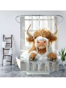 1/4 Pcs Cute Highland Cow Bathroom Set - Christmas Red Hat Shower Curtain, Bath Mat And Toilet Seat Cover - Adorable Farm Animal Design Bathroom Decor - Multicolor - View 16