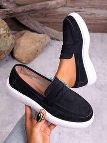 圆头厚底休闲百搭厚底乐福鞋，舒适轻便，适合步行，可搭配裤装，日常穿着，学生、女士皆宜，2026新款上市 - 黑色 - 查看 1