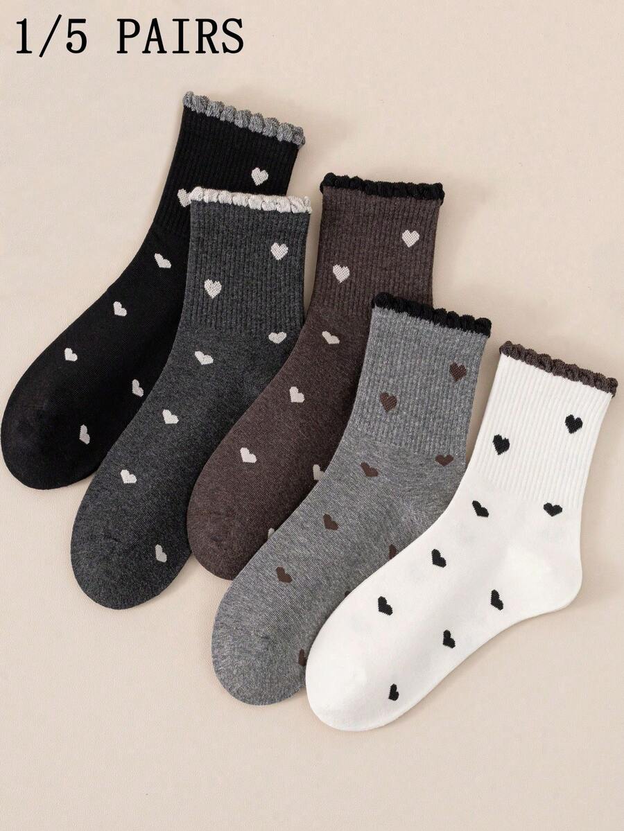 1/5 Pairs Women Ruffle Heart Pattern Mid-Calf Socks, Comfortable Breathable Casual Street Style Design, Suitable For All Seasons, Great Gift For Holidays - Multicolor - View 1