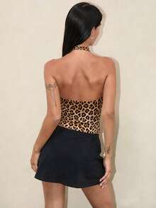 Sexy Leopard Print Backless Fitted Halter Top Casual - Leopard Print - View 2