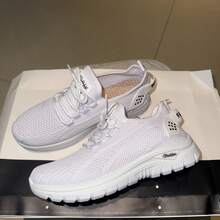 Women's Solid Color Casual Sports Fashion Fabric Lace-Up Flat Shoes, Comfortable Breathable Mesh Shoes, Low-Top Lace-Up Side Logo Heel Design Suitable For Home, Outdoor, Hiking, Travel And Various Occasions, All Season Wear, Women's Gift