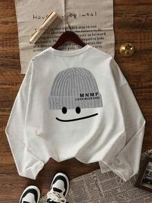 灰色印花圆领长袖T恤，女士休闲宽松百搭打底衫，春秋季 - 淺花灰 - 查看 4