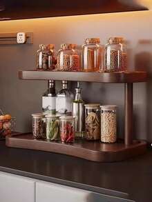 Organisateur de comptoir à double couche en noyer - Étagère de rangement élégante pour les cosmétiques, les parfums et les soins de la peau, parfait pour la salle de bain, la cuisine et le bureau, avec un compartiment fermé séparé - Brun - Voir 5