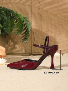9cm Pointed Toe Adjustable Buckle Strap High Heels, Elegant Mirrored PU Leather Sexy Burgundy Pumps, Versatile & Comfortable For Daily, Party, Christmas, Valentine's Date, Women's Formal Shoes - Burgundy - View 6