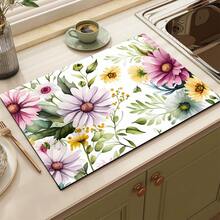 1pc Colorful Floral Print Absorbent Mat/Drying Mat For Coffee Maker, Dishes - Absorbent Polyester Desktop Protective Mat With Rubber Anti-Slip Pad, For Kitchen Counter Decor, Home Bar And Dining Table - Multicolor - View 1