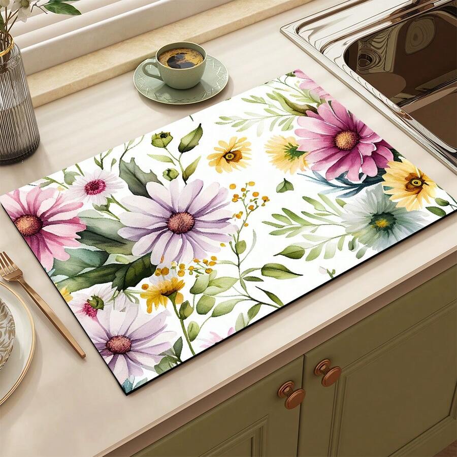 1pc Colorful Floral Print Absorbent Mat/Drying Mat For Coffee Maker, Dishes - Absorbent Polyester Desktop Protective Mat With Rubber Anti-Slip Pad, For Kitchen Counter Decor, Home Bar And Dining Table - Multicolor - View 1