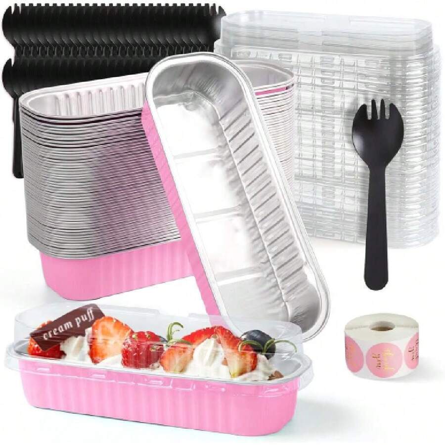 Juego de 50 Moldes para Hornear, Moldes Rectangulares de Aluminio de 200ml, Mini Moldes para Hornear Pan con Cucharas y Tapas, Moldes para Tartas para Magdalenas, Pastel, Minibrownie,36978856 - Púrpura malva - Ver 1