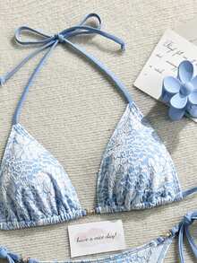 2026 New Fashionable & Elegant Women's Bikini Swimwear 2-Piece Set, Textured Fabric, Suitable For Spring/Summer, Vacation, Date, Pool Party Beach - White Flowers On Blue Background - View 4