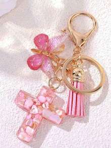 Resin Cross Keychain, Women's/Girls' Style, With Butterfly Pendant And Tassel, Inlaid With Pebbles, Sparkling Hearts And Purple Sequins, Fashionable Jewelry Gift, Easter Baptism Party Gift, Car Ornament, Bag Pendant, Cute Gothic Style Y2K.Bag Charms,Keychains,Purse Charms,Plush Keychain,Keychain,,Girls Keychain,Cute Keychains For Girls,,Keychains For Woman,Bag Charms,Christmas Gifts - 粉色 - 查看 4