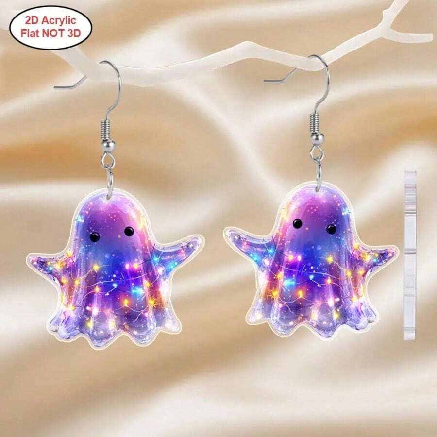 2D Flat Design, A Pair Of Halloween Gift Acrylic Fashion Dangling Earrings For Women, Colorful Ghost-Shaped Design, Suitable For Everyday Wear And Holiday Party Attire, A Great Gift For Friends, Family Or Mother's Day, 2D Flat Design. - Multicolor - Ver 1