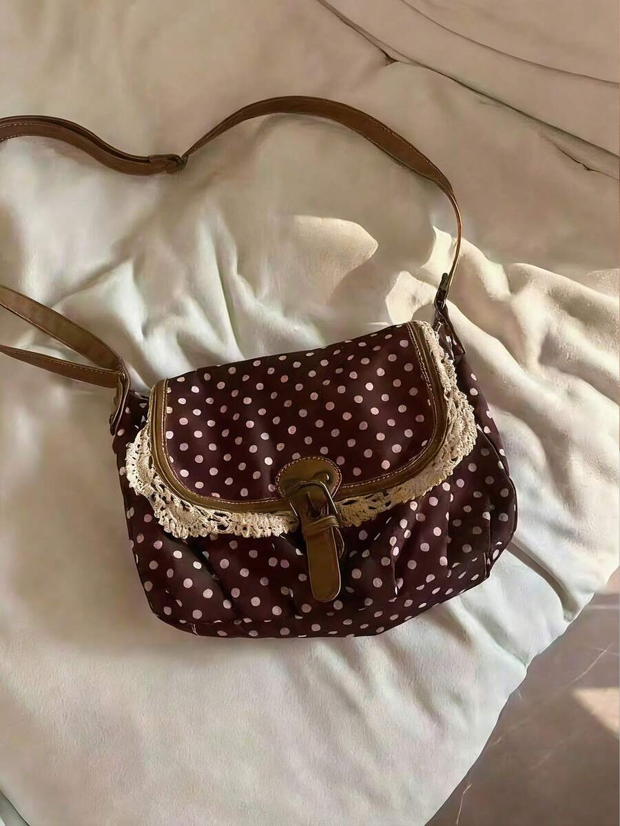 Back To School Korean Style Polka Dot Niche Design Contrast Color Handbag For Women, Suitable For College Students Shoulder Bag, Crossbody Bag, High-End Polka Dot Canvas Bag, Campus Bag - Nhiều màu - Xem 1