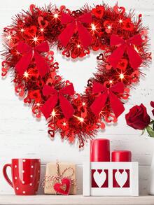 6pcs-Valentine's Day Wreath With Bows - Heart-Shaped Wreath For Front Door Valentine's Decor Heart Foil Ribbon Wreath With 5 Bows For Weddings, Proposals, And Engagement Parties. Suitable For Front Doors. Lightweight Plastic Wall Hanging Decoration. Romantic Wedding And Party Decor. Reusable And Easy To Hang. Elegant Holiday Decoration. (Classic Style) - Red - View 2