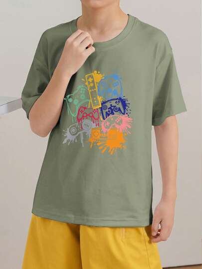 Tween Boys Casual Grass Green Graphic Print Crew Neck Short Sleeve T-Shirt, Summer Top