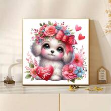1pc Animal Theme 5D Diamond Painting Kit, Heart-Shaped Puppy & Floral Pattern[30*30cm/11.8*11.8in][40*40cm/15.7*15.7in]Suitable For Adult Beginners DIY Mosaic Diamond Art, Full Drill Handmade Hobby Diamond Painting, Suitable For Living Room, Bedroom, Office Wall Decor Painting, Art Home Decor Gift For Family And Friends, Frameless