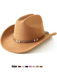 1顶返校季西部牛仔帽，男女通用，柔软羊毛毡材质，皮革帽带，适合圣诞节、万圣节、节日派对、日常休闲佩戴 - 款式1 - 查看 5