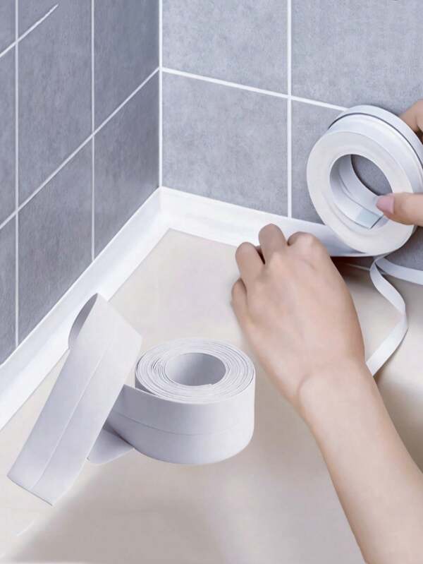 1 Rollo de cinta selladora de piso blanca/tira selladora/cinta selladora impermeable, tira selladora impermeable de PVC, cinta de calafateo autoadhesiva decorativa, cinta selladora de calafateo, tira selladora autoadhesiva para grietas de fregadero y estufa, cinta selladora para bordes de bañera de cocina y baño, protector de bordes de piso y pared, decoración del hogar y baño, temporada de regreso a clases