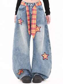 Quần jeans ống rộng rách họa tiết ngôi sao dành cho nữ (kèm thắt lưng) - Màu xanh lam - Xem 4