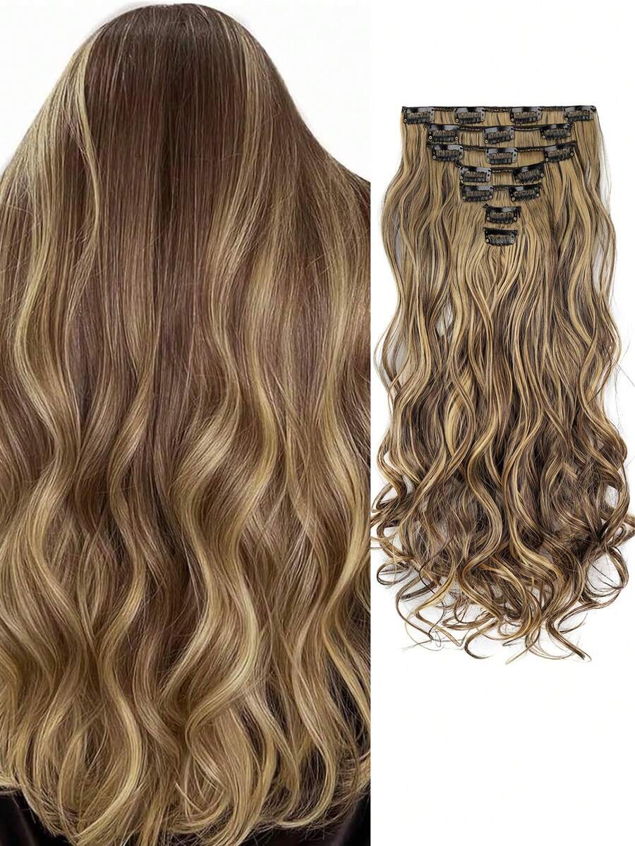 Set de 7 pelucas sintéticas rizadas de 24 pulgadas de largo con 16 clips, resistentes al calor, en colores ombre negro, marrón y dorado para mujeres