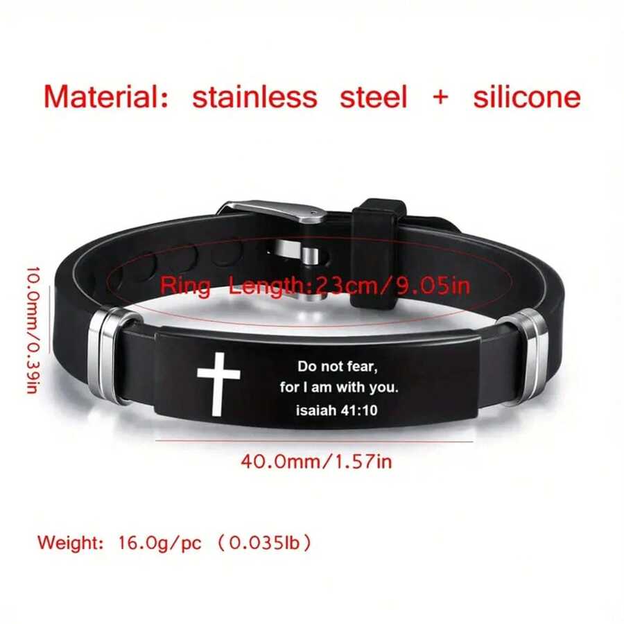 1pc Adjustable Men's Christian Bracelet, Stainless Steel & Silicone Strap With Cross Charm And Bible Verse, Inspirational Religious Jewelry Gift For Husband, Father, Boyfriend, Son - 黑色 4 - 查看 1