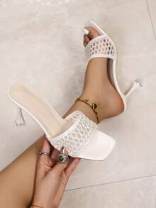 Sandalias de tacón de aguja de punta cuadrada para mujer, nuevo estilo de primavera/verano - Beis - Ver 3