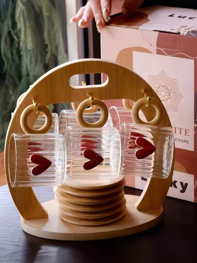 1 Set 3D Red Heart Striped Glass Cup & Saucer, French Luxury Coffee Latte Cappuccino Cup & Saucer, Vintage Heart Afternoon Tea Dessert Cup & Saucer, Valentine's Day Gift, Suitable For Restaurant, Living Room, Cafe, Party, Gift