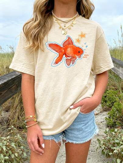 Tween Girls' Casual Apricot Printed Round Neck Short Sleeve T-Shirt, Summer Top