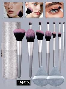 15pcs High-Quality Makeup Brush Set - Soft Blush Brush, Powder Brush, Contour Brush, Eyeshadow Brush, Eyeliner Brush + Flocked Makeup Sponges + Large Capacity Storage Bucket