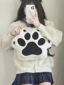 新款可爱猫爪卡通毛绒背包，个性化女孩单肩包，甜美女士大容量背包，生日礼物 - 黑與白 - 查看 4