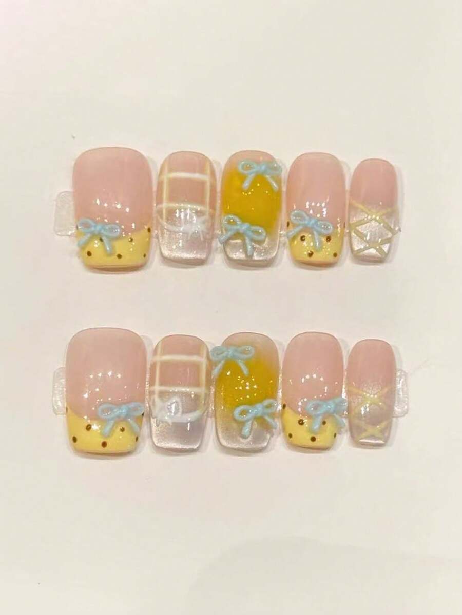 10 miếng dán móng tay hình chữ nhật dài vừa phải, làm thủ công, màu vàng và xanh dương, lấp lánh, mềm mại và dễ thương, phù hợp cho phụ nữ và bé gái, dùng được quanh năm, thích hợp cho các dịp lễ và sử dụng hàng ngày. - Màu vàng - Xem 1