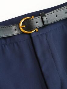 Vela Rue 女士金属腰带喇叭形斜纹布海军蓝短裤，休闲通勤办公春夏百搭 - 藏蓝色 - 查看 3