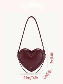 High-Quality Heart-Shaped Shoulder Bag Design, 3D Heart-Shaped Bag Body, Women's Shoulder & Crossbody 2-In-1, Multi-Functional Handbag, Decorated With Letter Logo, Solid Color PU Material, Top Handle, Adjustable Shoulder Strap, Metal Zipper Closure, Can Be Worn As Shoulder Bag, Handbag Or Crossbody. - Burgundy - View 2
