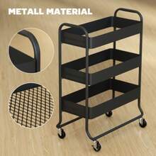 Kitchen Trolley, 3 Baskets, 4 Wheels, Metal, Black