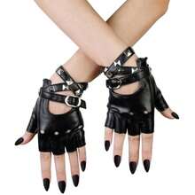 Fingerless Gloves For Women Black PU Leather Punk Rock Gloves Halloween Cosplay Half Finger Accessories Biker Driving Motorcycle Gothic Glove - 如圖所示 - 查看 1