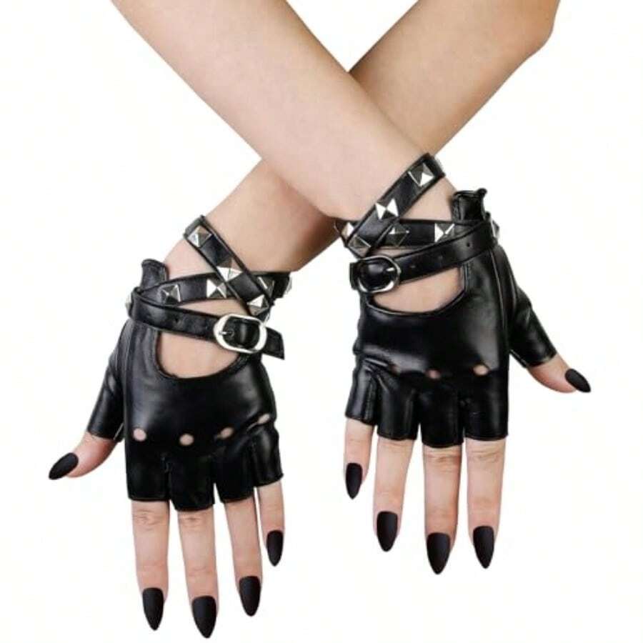 Fingerless Gloves For Women Black PU Leather Punk Rock Gloves Halloween Cosplay Half Finger Accessories Biker Driving Motorcycle Gothic Glove - 如圖所示 - 查看 1