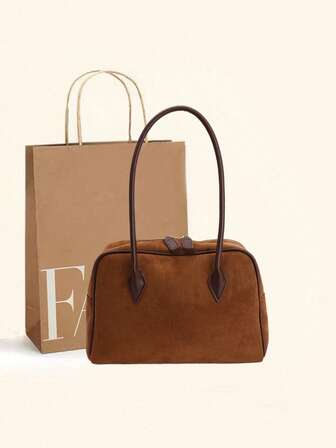 秋冬ファッション スエード ベルベット ハンドバッグ、カジュアル 多用途 レディース ショルダーバッグ、レトロ メイヤード カラー ブラウン ジッパー開閉 トートバッグ、通勤、通学、旅行、仕事に大容量、エレガント