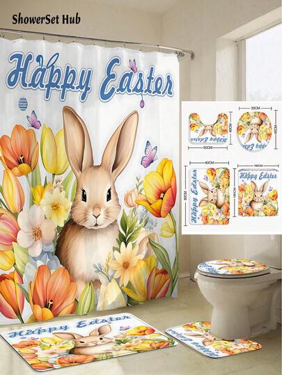 1/3/4件套复活节兔子和郁金香图案浴帘浴室套装，防水耐磨配件，带12个挂钩 - 包括马桶盖套、浴垫和地毯 - 塑料面料 - 可水洗，防霉 - 非常适合节日装饰、家居/卧室/房屋/西式/春季装饰