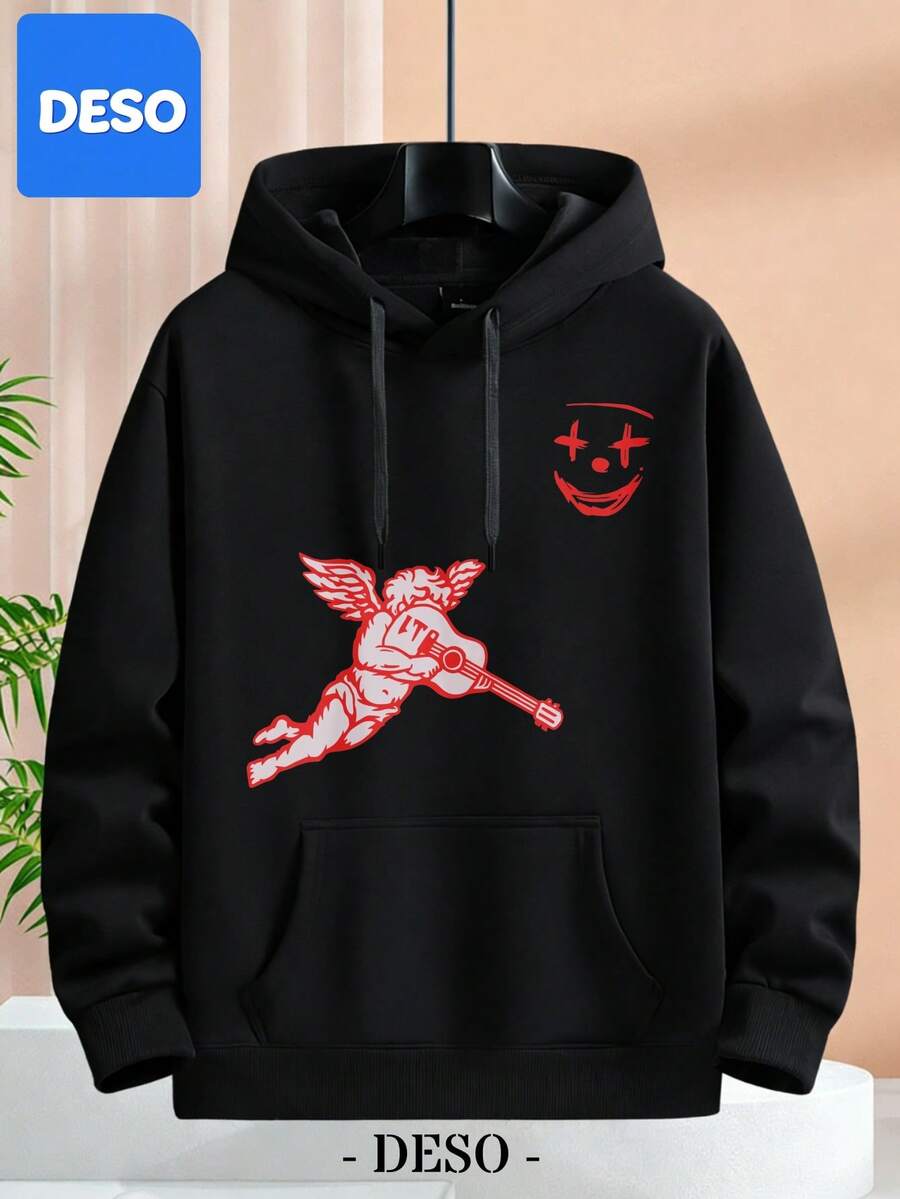 Red Angel With Guitar Graphic Print Hoodie Casual Unisex Sweatshirt Men And Women Soft Breathable Fleece Lined Hoodie Birthday Party Wear Comfortable Streetwear Style Design With Face Detail Everyday Wear And Special Occasions - Black - View 1